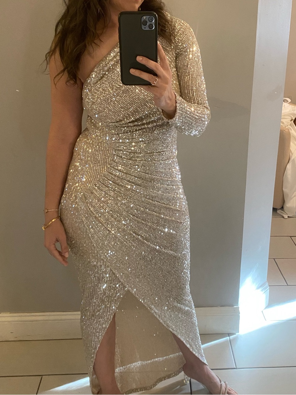 One-Shoulder Sequin Wrap Dress in Champagne